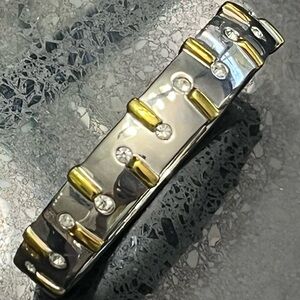Two-tone silver gold crystal cz designer bangle cuff statement ladies bracelet